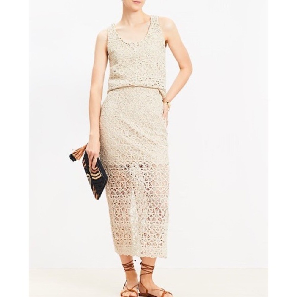 Loft Scalloped Crochet  2 Piece Midi Skirt Tank  Set Light Beige Medium 8